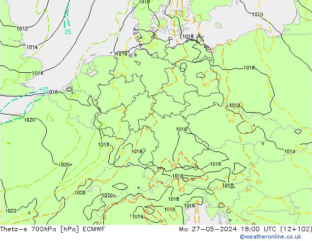 Theta-e 700hPa ECMWF Mo 27.05.2024 18 UTC