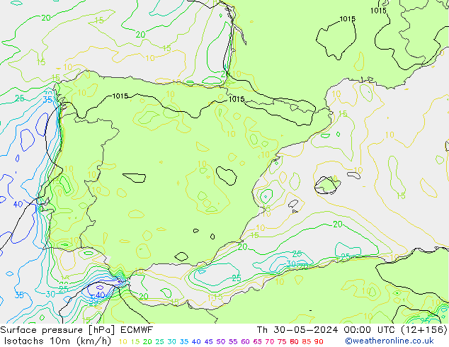 Isotaca (kph) ECMWF jue 30.05.2024 00 UTC