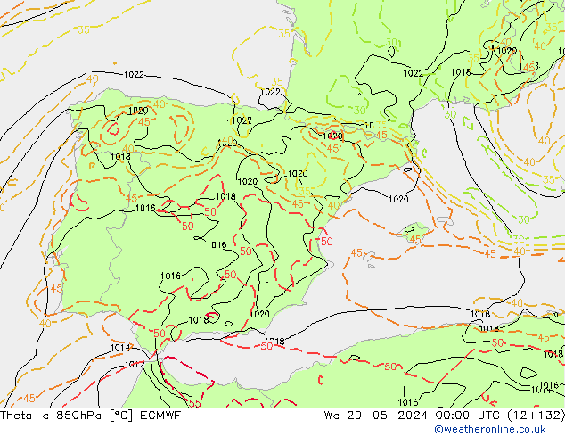 Theta-e 850hPa ECMWF St 29.05.2024 00 UTC