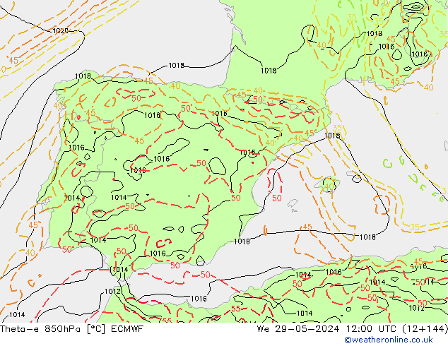 Theta-e 850hPa ECMWF We 29.05.2024 12 UTC