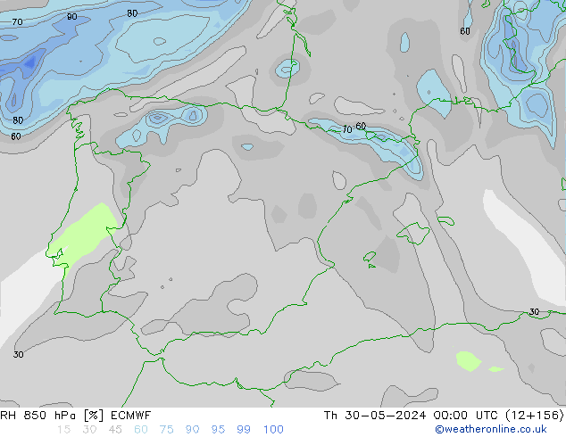 Humedad rel. 850hPa ECMWF jue 30.05.2024 00 UTC