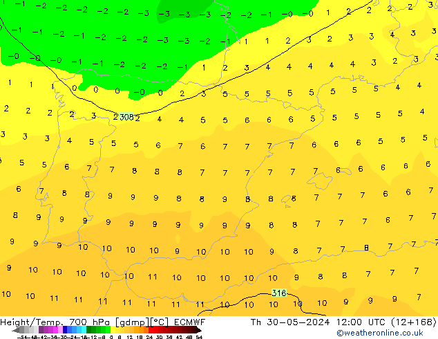 Height/Temp. 700 hPa ECMWF Čt 30.05.2024 12 UTC