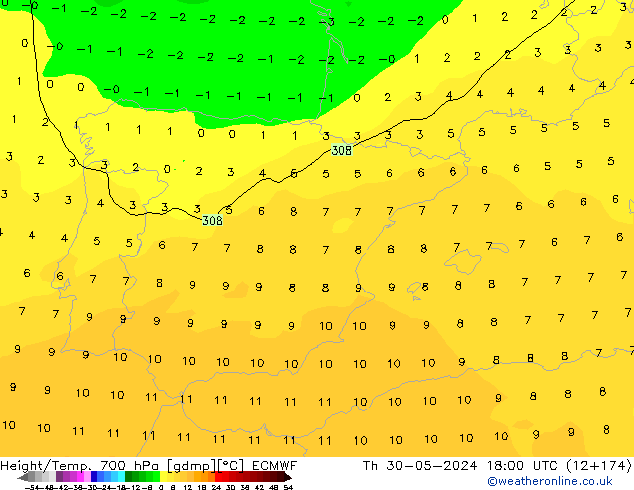 Height/Temp. 700 hPa ECMWF gio 30.05.2024 18 UTC