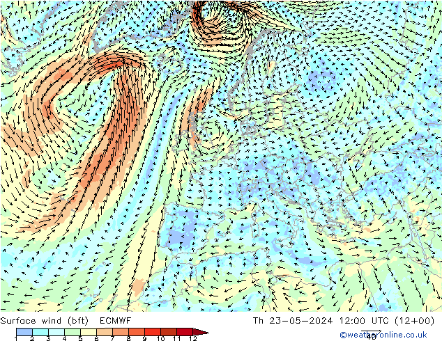 �N 10 米 (bft) ECMWF 星期四 23.05.2024 12 UTC