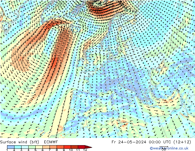 Surface wind (bft) ECMWF Fr 24.05.2024 00 UTC