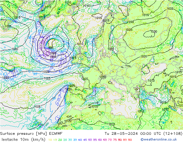 Isotachs (kph) ECMWF mar 28.05.2024 00 UTC