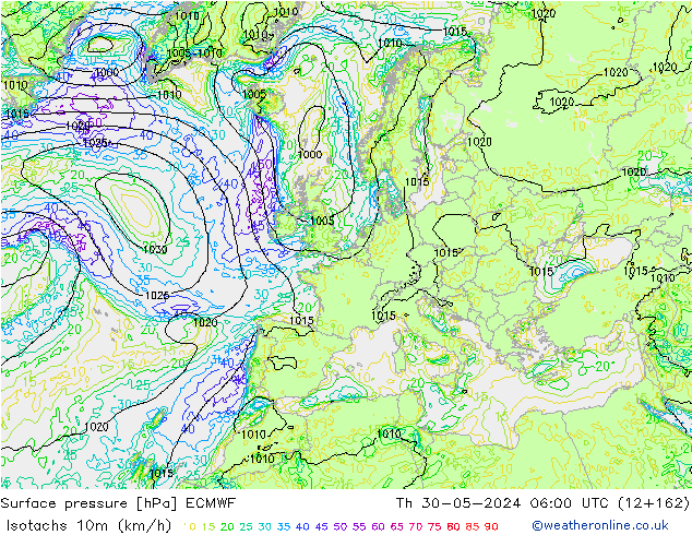 Isotachs (kph) ECMWF Th 30.05.2024 06 UTC