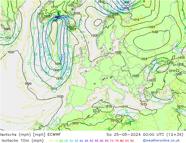 Isotachs (mph) ECMWF Sa 25.05.2024 00 UTC