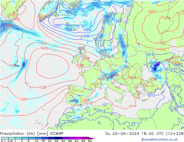 Precipitation (6h) ECMWF Su 02.06.2024 00 UTC