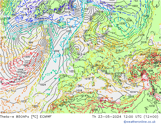 Theta-e 850hPa ECMWF jue 23.05.2024 12 UTC