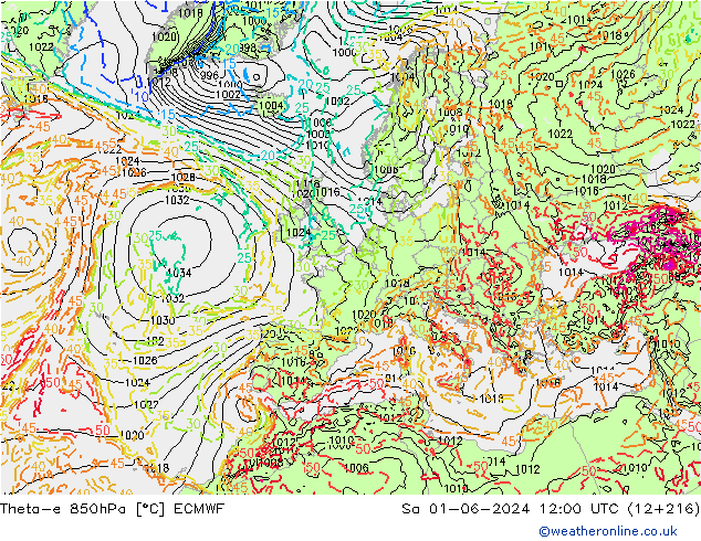 Theta-e 850hPa ECMWF  01.06.2024 12 UTC