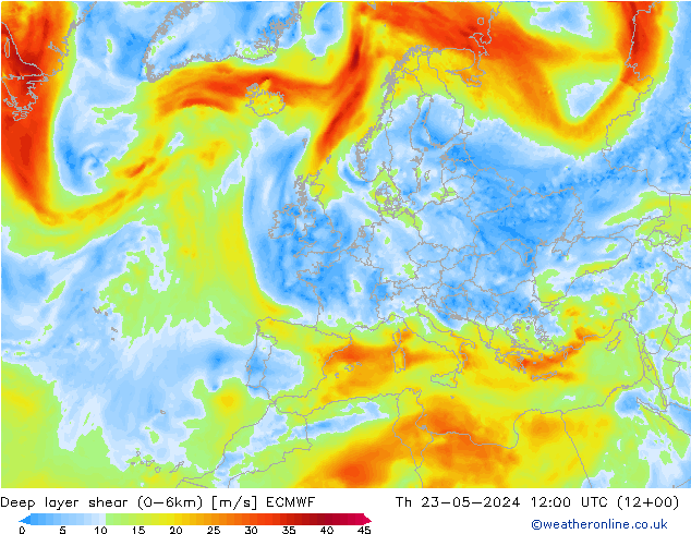 Deep layer shear (0-6km) ECMWF 星期四 23.05.2024 12 UTC