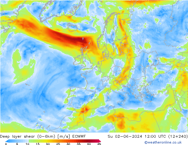 Deep layer shear (0-6km) ECMWF So 02.06.2024 12 UTC