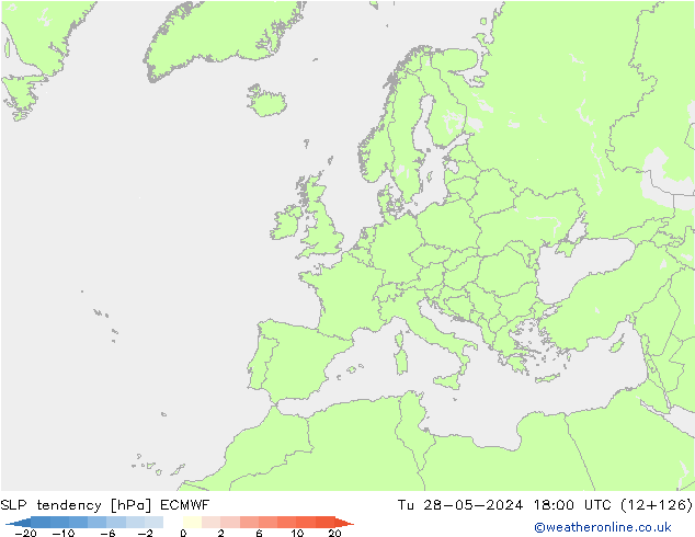 SLP tendency ECMWF Út 28.05.2024 18 UTC