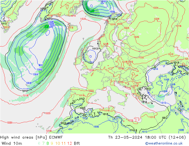 High wind areas ECMWF Th 23.05.2024 18 UTC