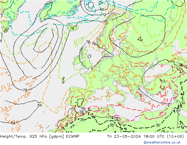 Hoogte/Temp. 925 hPa ECMWF do 23.05.2024 18 UTC