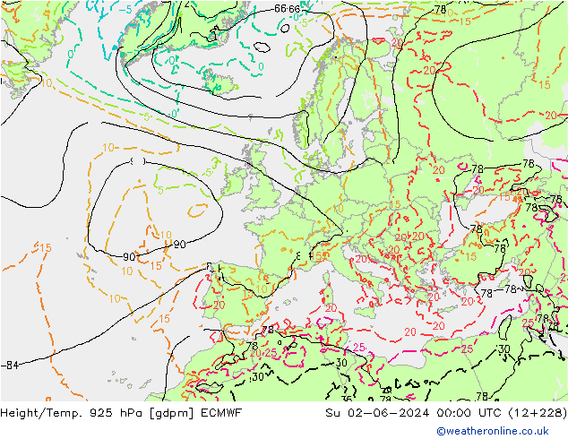 Height/Temp. 925 гПа ECMWF Вс 02.06.2024 00 UTC