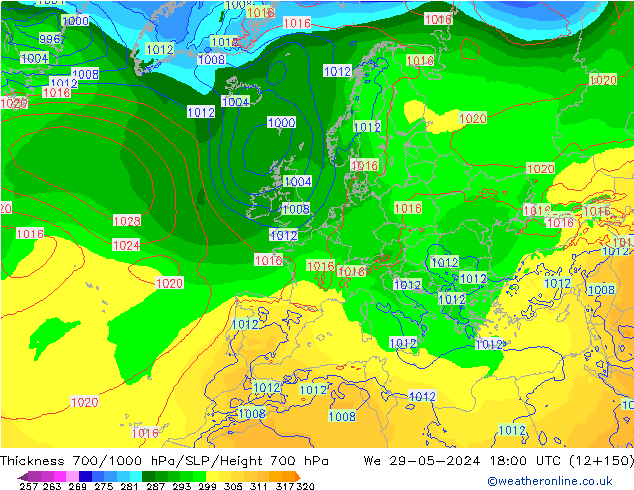 Thck 700-1000 hPa ECMWF mer 29.05.2024 18 UTC