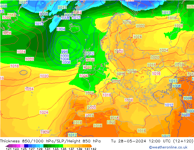 Schichtdicke 850-1000 hPa ECMWF Di 28.05.2024 12 UTC