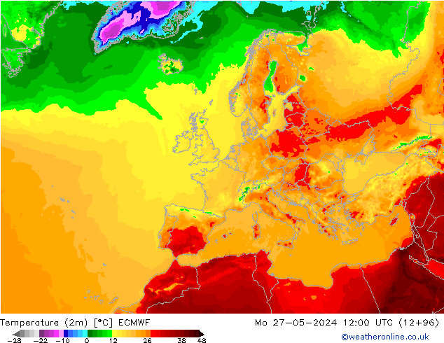 Temperature (2m) ECMWF Mo 27.05.2024 12 UTC