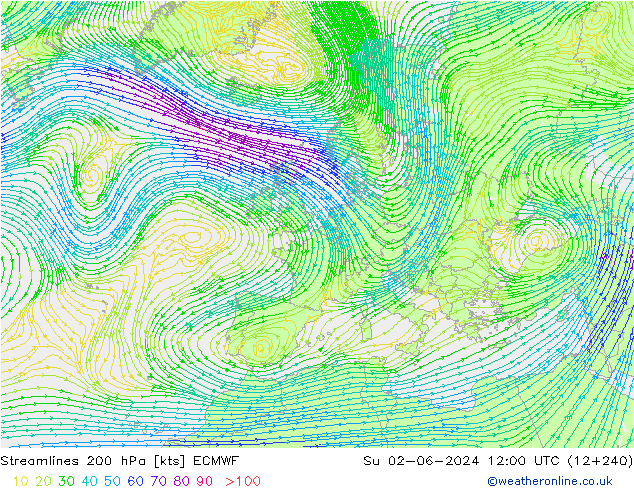 Linea di flusso 200 hPa ECMWF dom 02.06.2024 12 UTC