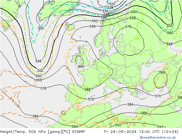 Height/Temp. 500 hPa ECMWF Fr 24.05.2024 12 UTC