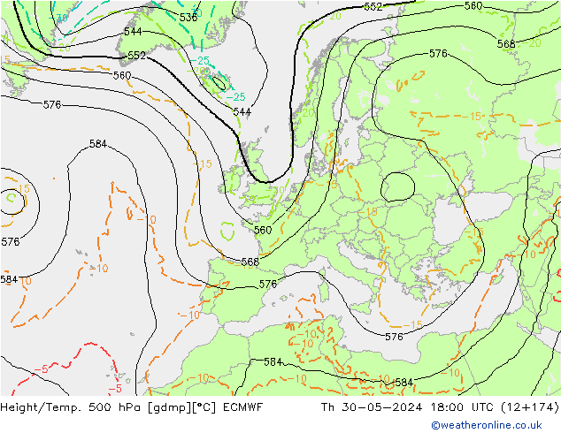 Z500/Rain (+SLP)/Z850 ECMWF Čt 30.05.2024 18 UTC