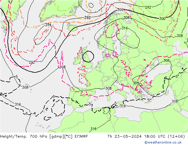 Yükseklik/Sıc. 700 hPa ECMWF Per 23.05.2024 18 UTC