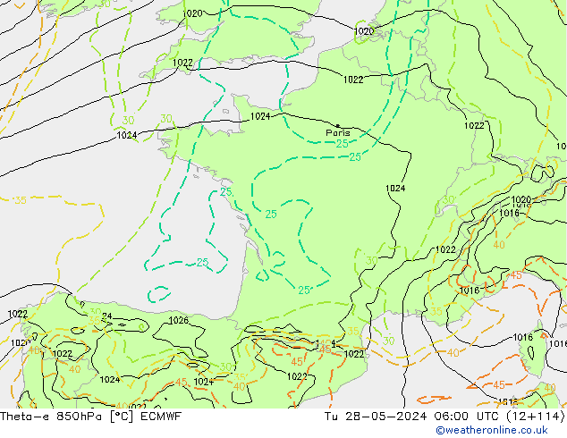 Theta-e 850hPa ECMWF Ter 28.05.2024 06 UTC