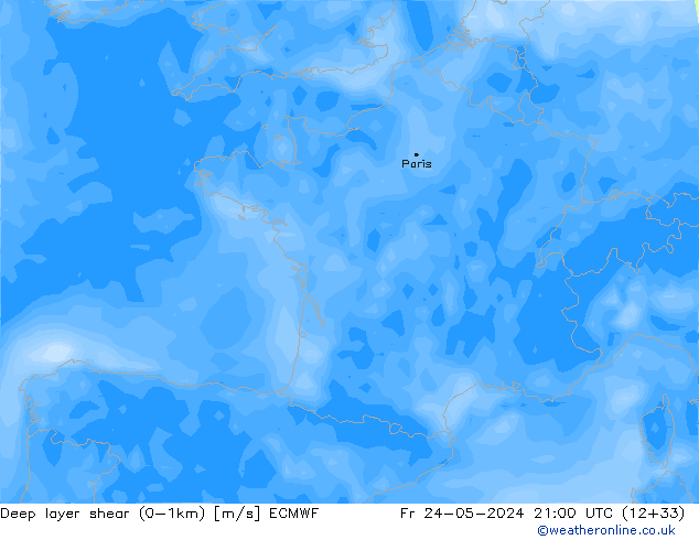 Deep layer shear (0-1km) ECMWF Pá 24.05.2024 21 UTC