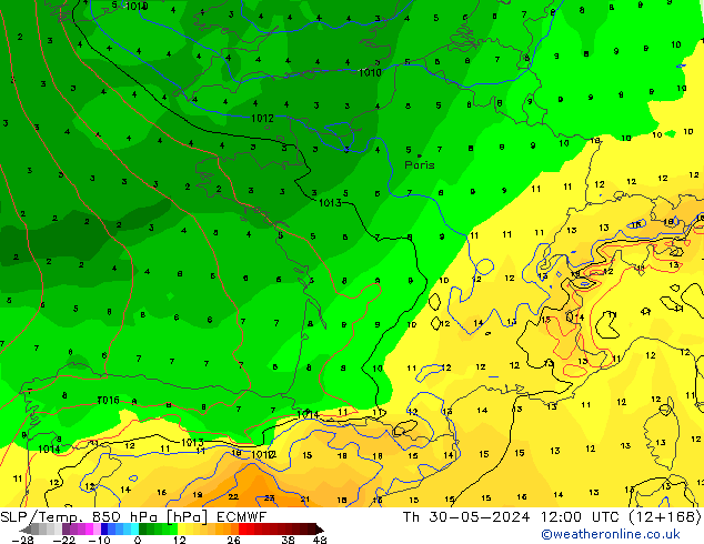 SLP/Temp. 850 hPa ECMWF  30.05.2024 12 UTC