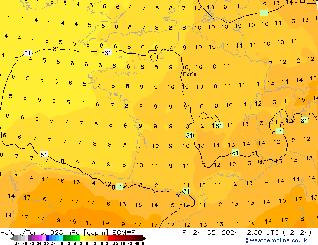 Hoogte/Temp. 925 hPa ECMWF vr 24.05.2024 12 UTC