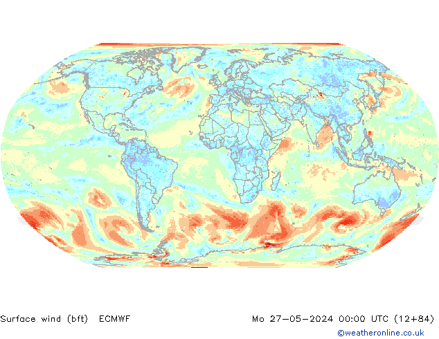 Rüzgar 10 m (bft) ECMWF Pzt 27.05.2024 00 UTC