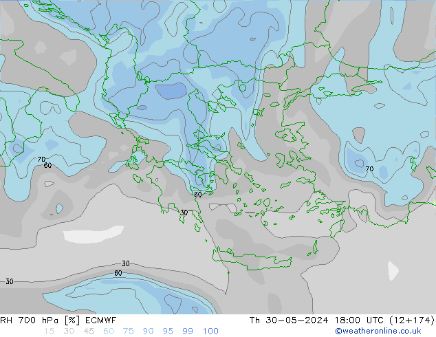 Humedad rel. 700hPa ECMWF jue 30.05.2024 18 UTC