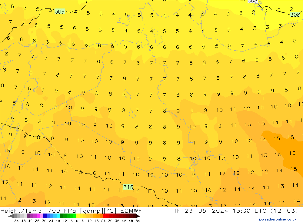 Height/Temp. 700 hPa ECMWF Th 23.05.2024 15 UTC