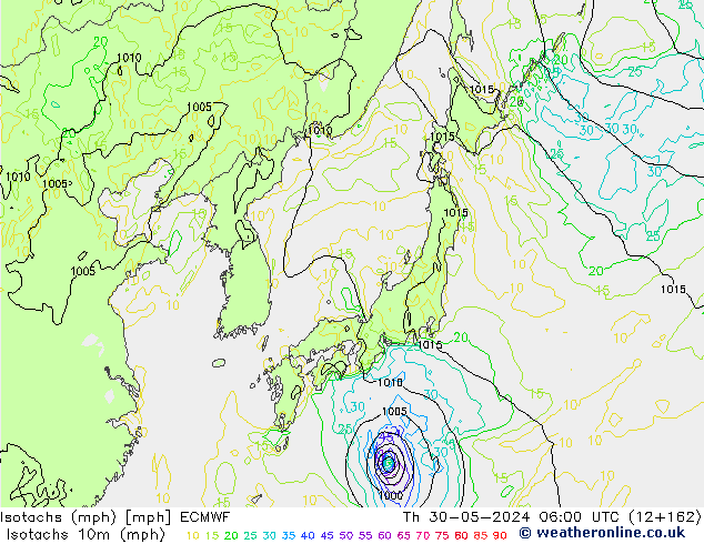 Isotachs (mph) ECMWF Th 30.05.2024 06 UTC