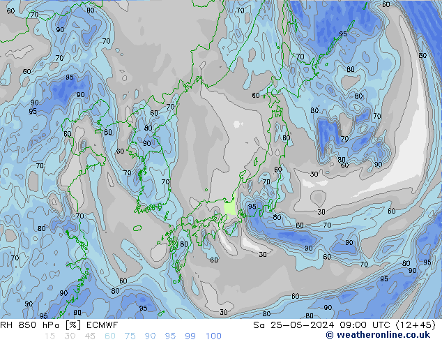 Humedad rel. 850hPa ECMWF sáb 25.05.2024 09 UTC