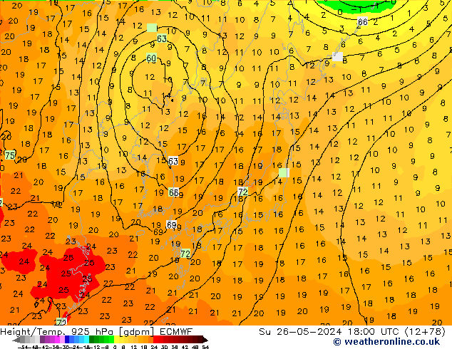 Géop./Temp. 925 hPa ECMWF dim 26.05.2024 18 UTC