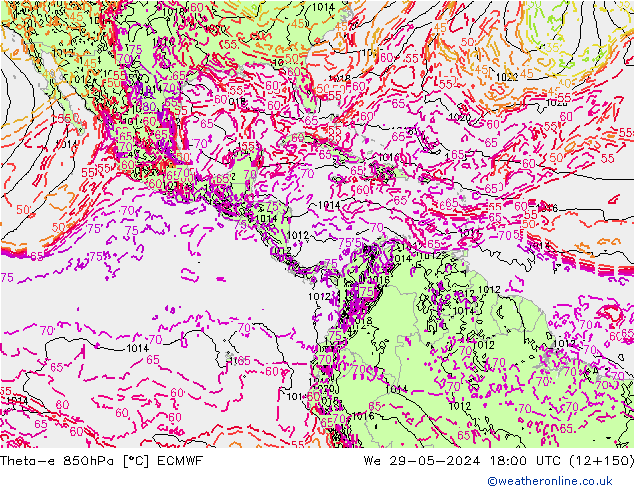 Theta-e 850hPa ECMWF mié 29.05.2024 18 UTC