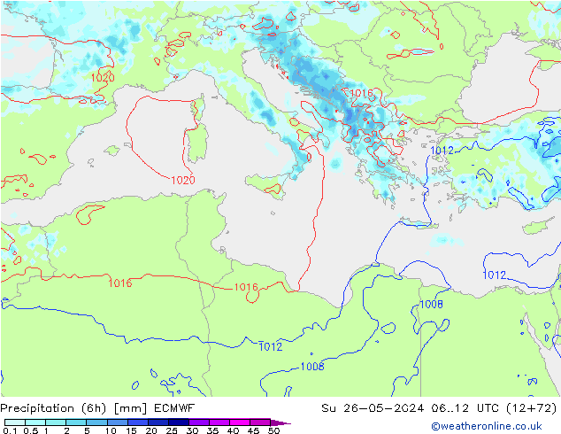 Z500/Rain (+SLP)/Z850 ECMWF Dom 26.05.2024 12 UTC