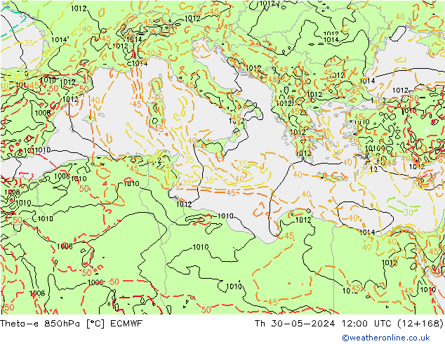 Theta-e 850hPa ECMWF Čt 30.05.2024 12 UTC