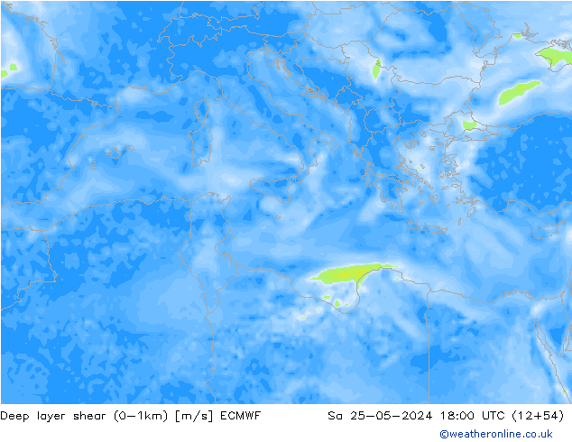 Deep layer shear (0-1km) ECMWF сб 25.05.2024 18 UTC
