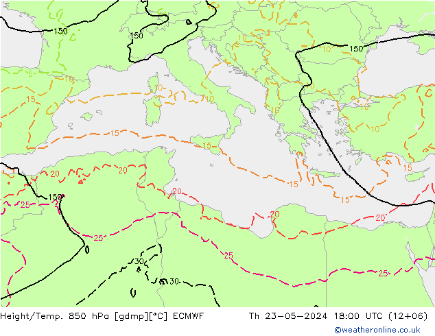 Height/Temp. 850 hPa ECMWF Čt 23.05.2024 18 UTC