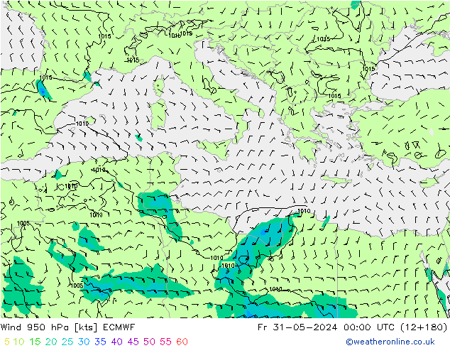 wiatr 950 hPa ECMWF pt. 31.05.2024 00 UTC