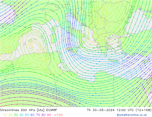 Streamlines 200 hPa ECMWF Čt 30.05.2024 12 UTC