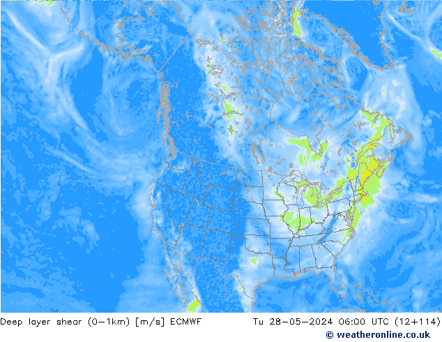 Deep layer shear (0-1km) ECMWF Tu 28.05.2024 06 UTC