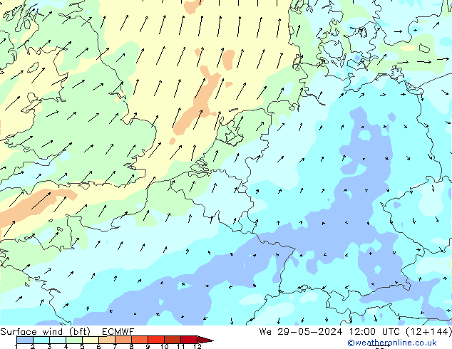 Vento 10 m (bft) ECMWF mer 29.05.2024 12 UTC