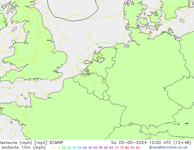 Isotachen (mph) ECMWF za 25.05.2024 12 UTC
