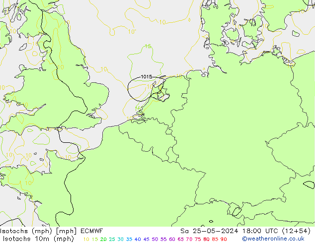 Isotachs (mph) ECMWF сб 25.05.2024 18 UTC