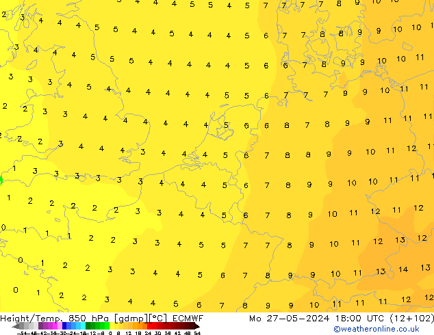 Geop./Temp. 850 hPa ECMWF lun 27.05.2024 18 UTC